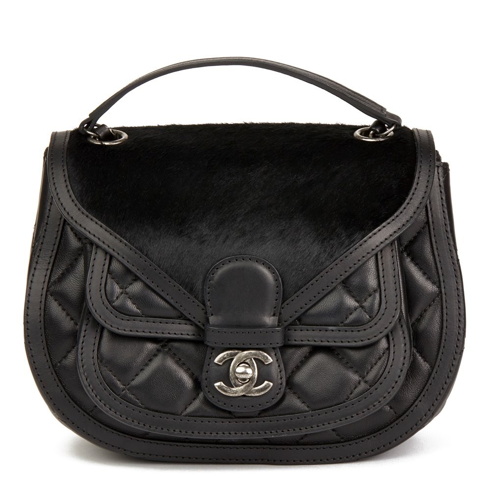CHANEL BLACK QUILTED LAMBSKIN & PONY SADDLE BAG